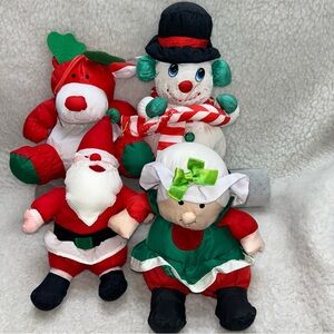 Vtg Stuffins Christmas nylon parachute ornament 4 plush Santa Reindeer Snowman